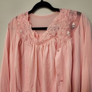 VTG Pink Lace-Trim Women's Nightgown & Robe Set Shadowline Size Medium